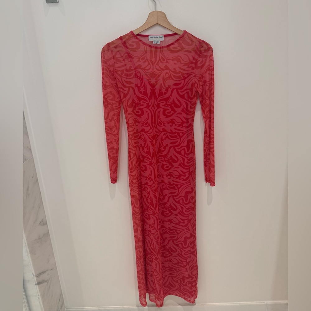 Red Long-Sleeve Sheer Patterned Maxi Dress